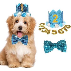11-delige honden verjaardags set met hoedje met cijfers en strik licht blauw - hond - huisdier - honden verjaardag - hoed - strik - blauw