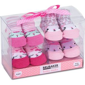 BRUBAKER 4 Paar Babysokken voor Meisjes 0-12 Maanden - Babyshower - Cadeau -Baby Geschenkset voor Pasgeborenen in Geschenkverpakking met Strik - Katten Roze/ Roze