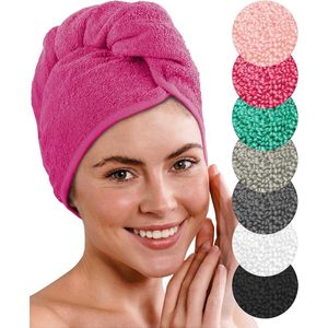 Premium Haartulband met knoop van 100% katoen - haarhanddoek incl. 4 haarelastiekjes - voor kort en lang haar - tulband handdoek is sneldrogend en absorberend (Fuchsia)