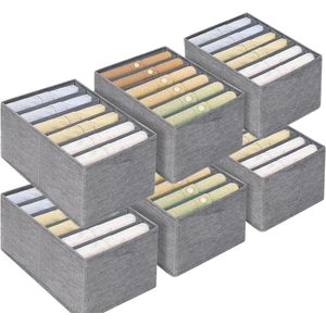Kledingkast organizer met inklapbare scheidingswand - Wasbaar - Voor het opbergen van jeans, broeken, T-shirts - 7 vakken - 36 x 25 x 17 cm - 6 stuks
