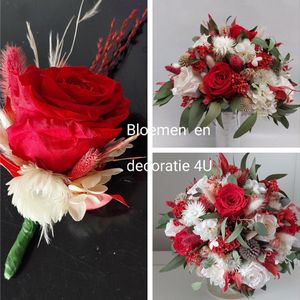 Elegant prachtige bruidsboeket met geconserveerde rode en witte rozen in combinatie met droogbloemen samen / Biedermeier bruidsboeket / droogbloemen/ geconserveerde rozen/ wedding