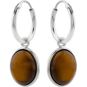 Zilveren oorringen met hanger, ovale tiger eye steen