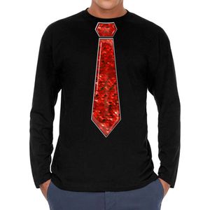 Bellatio Decorations Verkleed shirt heren - stropdas pailletten rood - zwart - carnaval -longsleeve S