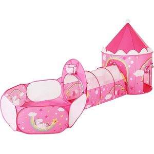 3-in-1 Speeltent, pop-up, met tunnel, balbad, basketbalkorf, voor kinderen, voor binnen en buiten, met eenhoorn/princess-motief roze