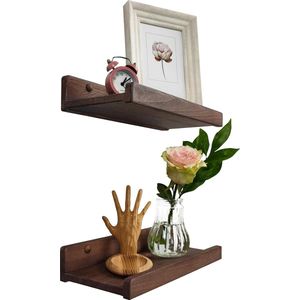 Set van 2 zwevende wandplanken van hout, rustieke houten planken met lip, kinderboekenplanken, foto- en fotoplank voor slaapkamer, woonkamer, badkamer, keuken, kantoor (notenhout 30 cm)