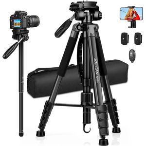 185 cm camerastatief, compact aluminium camerastatief monopod met 3-voudig draaibare kop, lichtstatief voor smartphone met telefoonbehuizing en afstandsbediening voor irriterende stoffen, outdoor, vlog, YouTube