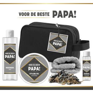 Geschenkset ''Voor De Beste Papa"" - 5 Producten | Giftset Voor Hem - 600 Gram - Toilettas zwart - Speciaal voor Vader - Vaderdag - Topper - Cadeau Set Man - Verjaardag - Kerst - Kerstpakket - Bodylotion - Douchegel - handgel - Zwart - Goud - Grijs
