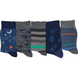 Jongens sokken 5-PACK - haaien / ruimte -blauw/groen/oranje - maat 31/34 - 90% katoen