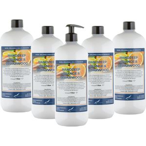 Handzeep Sweet Orange & Cedarwood 1 liter - met gratis pompje - set van 5 stuks - Voordeelverpakking
