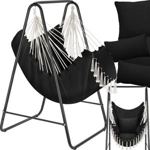 tectake® Hangstoel Boho-stijl met decoratieve kwastjes - Hangmat - Voor binnen & buiten - 160 kg draagkracht - Stalen frame - 85x100x154,5cm - Div. kleuren - Zwart