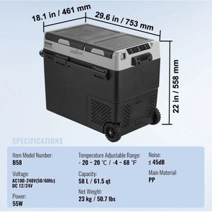 Auto Koelkast - Camping Koelkast - Auto Koelbox Compressor - Draagbare - 12V/24V - 58L - Snelle Koeling - Energiezuinig - Voor Auto - Camper - en Boot