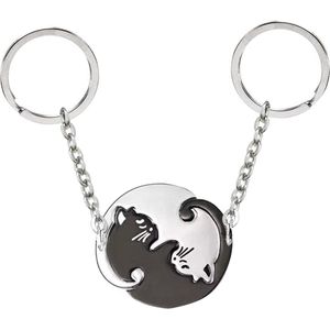 Bixorp Friends Vriendschap Sleutelhanger voor 2 met Poesjes / Katjes Zwart & Zilverkleurig Rondje - Roestvrij staal / Stainless Steel - Sleutelhanger Liefde - Best Friends BFF Cadeau Meisjes & Kinderen