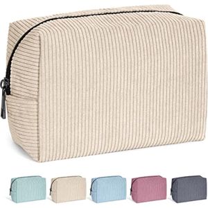 Homesy - Cosmetische tas voor vrouwen, kleine make-uptas voor portemonnee, corduroy, make-uptas, draagbare make-uptas voor op reis, met metalen rits, Stijlvol - Beige