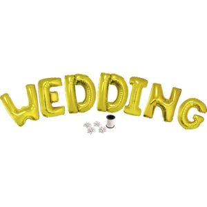 Folie ballonset goud met letters WEDDING 102 cm + geschenklint 10m met 4 witte strikken