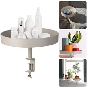 Cheqo® Dienbladtafel met Klem - Bijzettafel - Decoratief Dienblad met Klem - Balkontafel - Metaal - Ø36cm - Geschikt voor Tafels - Taupe (Lichtgrijs)