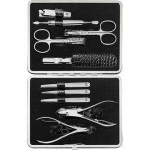 Manicureset 10-delig - Complete set vingernagels en teennagels - Echt lederen etui - RVS - Krokodilleneditie zwart