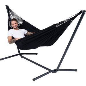 Hangmat met Standaard Eénpersoons 'Easy & Classic' Black | Complete hangmatset | Bevestiging inclusief | 120 KG | 320 CM | Polycotton + Metaal | 1% For The Planet | Tropilex