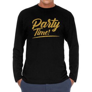 Party time longsleeve zwart met gouden glitter tekst heren - Glitter en Glamour goud party kleding shirt met lange mouwen M