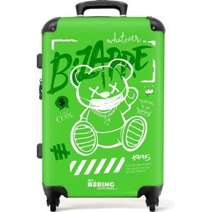 NoBoringSuitcases.com® - Koffer groot - Rolkoffer lichtgewicht - Wit silhouet van een teddybeer in street art stijl - Reiskoffer met 4 wielen - Grote trolley XL - 20 kg bagage