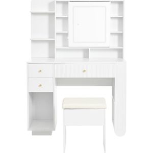 Verlichte kaptafel met spiegel en kruk – Moderne kaptafel met verstelbare helderheid, laden en open plank, wit, 100×40×138 cm