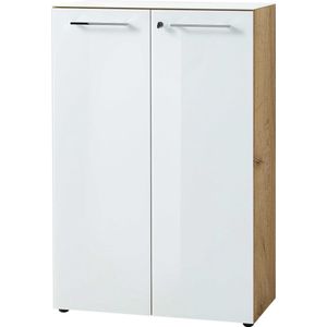 Lage dichte kantoorkast Destin Eiken - Wit - Breedte 80 cm - Hoogte 120 cm - Diepte 37 cm - Met planken - Met openslaande deuren