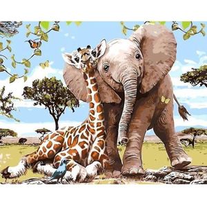 Painting Expert® Schilderen op nummer Volwassenen – Schilderen op nummer Kinderen - Olifant en Giraffe - 40x50cm - Op Lijst Gemonteerd (24 kleurtjes)