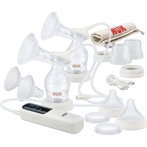 NUK Soft & Easy dubbele elektrische borstkolf set - 100% siliconen zachte cups - Klein, licht en stil - Oplaadbare batterij voor op reis - Cups van 24 en 27 mm - 2 Perfect Match mm-flessen