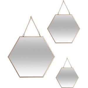 Set van 3 Spiegels met Ophangketting - Wandspiegel Zeshoekig -  Goud