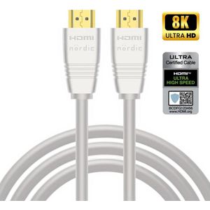 NÖRDIC HDMI-510A HDMI naar HDMI kabel - Gecertificeerd - HDMI2.1 - 8K60Hz - 48Gbps - Vergulde connectoren - 1m - Wit