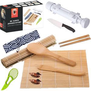 Mr. Sushito Natural White Bazooka set - Sushi set Incl. 2 paar Mr. Sushito Sticks - Sushi maker - Sushi Servies 4 persoons - Bamboematten