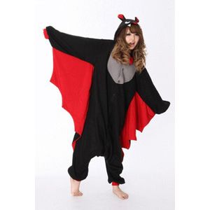 KIMU Onesie Vleermuis Pak - Maat M-L - Vleermuispak Kostuum Zwart Rood Bat 170 176 - Jumpsuit Pyjama Huispak Halloween Dames Heren Fleece Festival