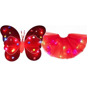 Lichtgevende Vlindervleugels en Rokje / Tutu Mini - Set - Rood - Met Gekleurde Verlichting