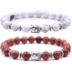 Kralen armband buddha / boedha bedel - Armband dames / heren / unisex - Natuursteen kralen bandje - Elastiek 19 cm - 8mm stenen - Armbandenset (2 stuks) - Wit marmer & bordeaux