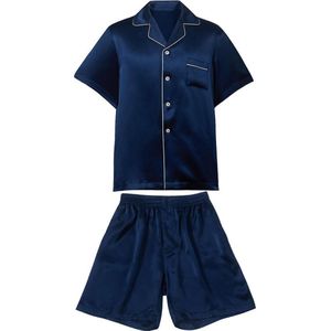 Heren zijden pyjama set (korte mouwen, korte broek), Marine blauw, M