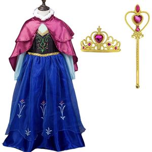 Prinsessenjurk meisje + Kroon + Toverstaf - Kerstcadeau - Anna verkleedjurk - Prinsessen speelgoed - Het Betere Merk - maat 134/140 (140)- Roze cape