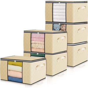 6 stuks 90 l opbergtas, groot, opbergdoos met deksel, versterkte handgreep, opvouwbare verhuisdozen met helder venster, opslag voor kleding, dekbedden, deken, koffer, organizer, beige