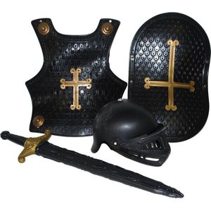 Accessoireset ridder 4-delig zilver (helm, borstschild, zwaard, schild)