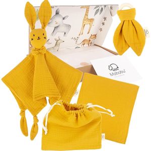 Babycadeau voor de geboorte met knuffeldoek bijtring spuugdoek | 100% mousseline biologisch katoen | Geboortecadeau jongen en meisjes | baby pasgeborenen set incl. tas | mosterd