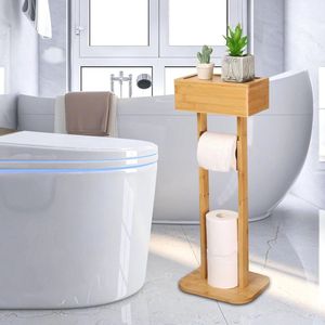 Staande Toiletpapierhouder van Bamboe - 4-in-1 WC-Rolhouder met Opbergdoos en Reserverollen
