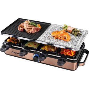 Bestron 2-in-1 raclette party grill, elektrische Gourmetstel voor maximaal 8 personen, krasbestendige natuurlijke grillsteen & bakplaat met antiaanbakplaag, 8 pannen & 8 spatels, 1400 Watt, kleur: koper