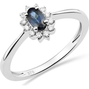 Miore - Ring Natuurlijk Blauwe Saffier en Diamanten - 9 Karaat - Kleur Witgoud