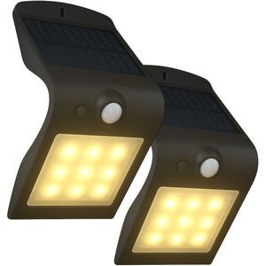 FlinQ Geisha 2-PACK - Solar Wandlamp Buiten - Buitenlamp op Zonne Energie met Bewegingssensor - LED Tuinverlichting met Dag en Nacht Sensor - Buitenverlichting - Zwart