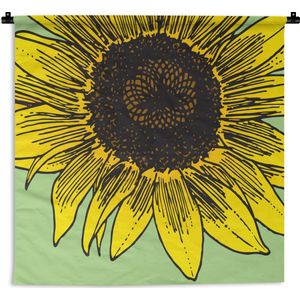 Wandkleed Zonnebloemen Illustraties - Illustratie van een zonnebloem op een groene achtergrond Wandkleed katoen 150x112 cm - Wandtapijt met foto