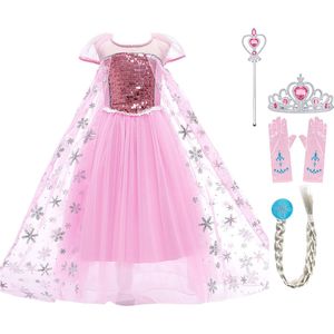 Prinsessenjurk meisje - Elsa jurk - Prinsessen speelgoed - Het Betere Merk - maat 116/122 (130) - Tiara - Kroon - Haarvlecht - Handschoenen - Toverstaf - Verkleedkleren Meisje - Prinsessen - Carnavalskleding Kinderen - Roze