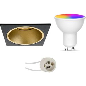 LED Spot Set GU10 - Oficto - Smart LED - Wifi LED - Slimme LED - 5W - RGB+CCT - Aanpasbare Kleur - Dimbaar - Afstandsbediening - Proma Minko Pro - Inbouw Vierkant - Mat Zwart/Goud - Verdiept - 90mm