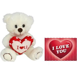 Pluche knuffelbeer met I Love hartje - wit/rood - 20 cm - inc. wenskaart