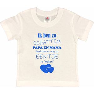 Shirt Aankondiging zwangerschap Ik ben zo schattig papa en mama besloten er nog zo eentje te ""maken"" | korte mouw | wit/blauw | maat 134/140 zwangerschap aankondiging bekendmaking