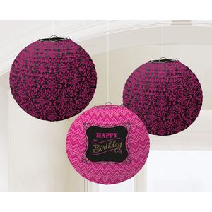 Amscan Lampionnen Happy Birthday Zwart/roze 24 Cm 3 Stuks