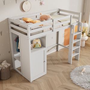 Sweiko Kinderbed, Babybedje met Garderobe en Plank, Zolderbed, babybedje met plat noedelsframe en anti-valbeveiliging, Eenpersoonsbed, Ligvlak 90x200 cm, 108x206x150 cm (B x L x H), Wit (zonder matras)