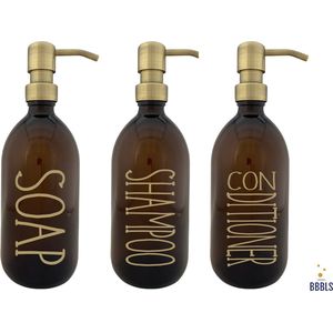 am-500ml-Go-Go-soap-PET shampoo conditioner-PLASTIC Fles-set Giftset | Zeepdispensers | 3 Stuks | Bruin Glas | Goud RVS Pomp | Soap & Shampoo & Conditioner | Badkamer | Kado | 500ml